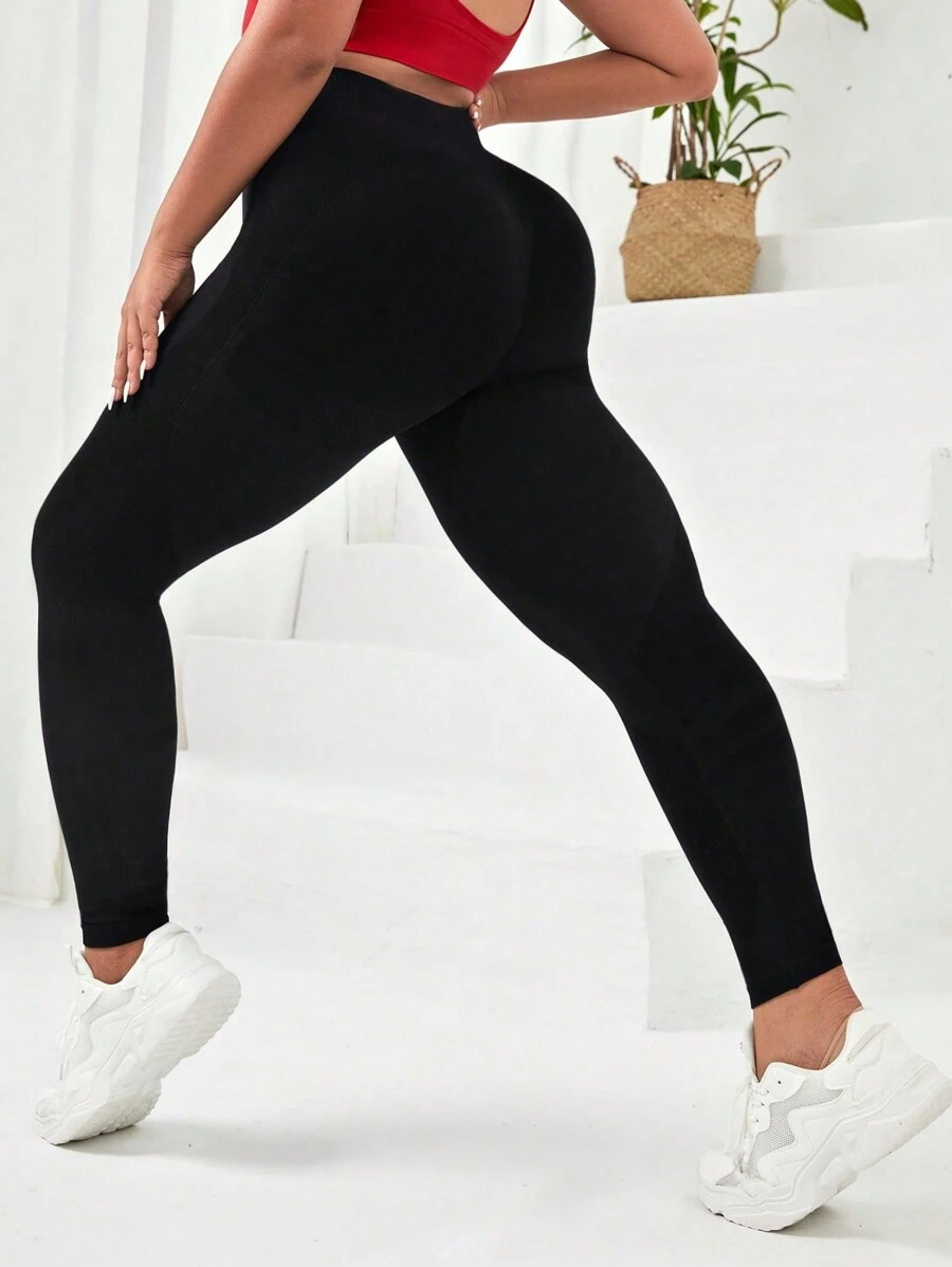 Easithlete Plus Solid Tummy Control Sports Leggings - Black - View 1