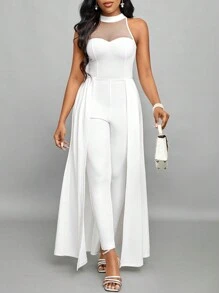 SHEIN Lady Mono De Cuello Halter Con Malla Para Mujer - Blanco - Ver 1