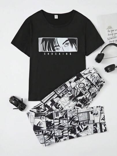 Tonåring Pojkar Enkel Tecknad Film Tryck Kort Ärm T-shirts Och Lång Byxor Lös passform Hemmakläder Uppsättningar