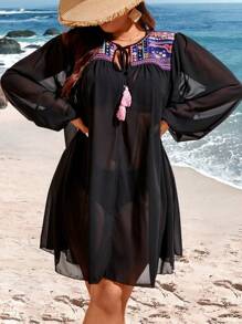 Swim Lushoire Plus Size Women's Geometric Embroidery Lantern Sleeve Cover-Up Dress Summer - Multicolor - View 5