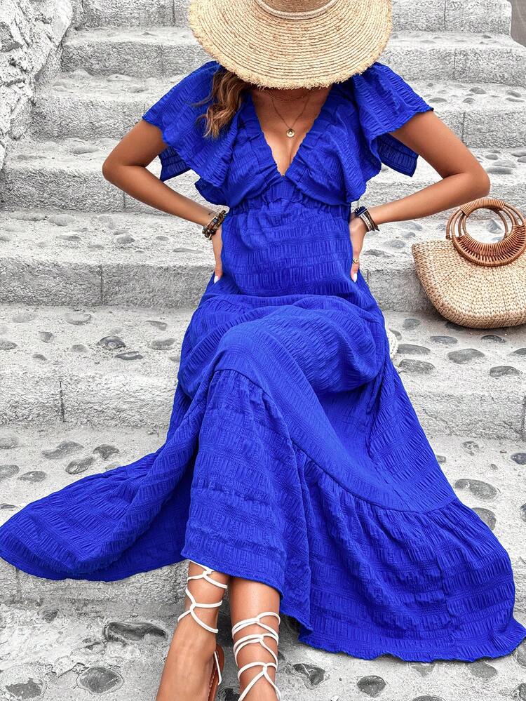 Solid Color Frill Trim Deep V-Neckline Dress