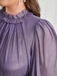 Modelyn 大尺碼純色襯衫領氣球袖連衣裙,適合休閒場合