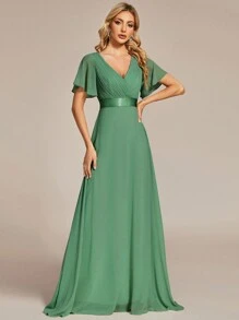 Elegant V-Neck Ruffle Butterfly Sleeve Green Bridesmaid Dress, Guest Dress For Spring Semi-Formal Occasions Like Wedding, Birthday Party, Graduation, Valentine's Day - Green - View 5