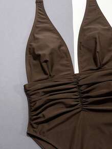 Swim SXY Summer Beach Solid Color Halter One-Piece Swimsuit Bathing Suit - Chocolate Brown - View 3