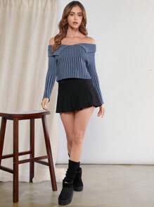 Denimoi 折疊式肩帶肋紋毛衣 - 藍色 - 查看 4