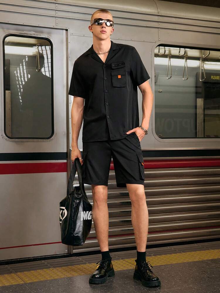 Men's Flip Pocket Front Short Sleeve Loose Fit Shirt And Shorts Woven Casual Two Piece Set