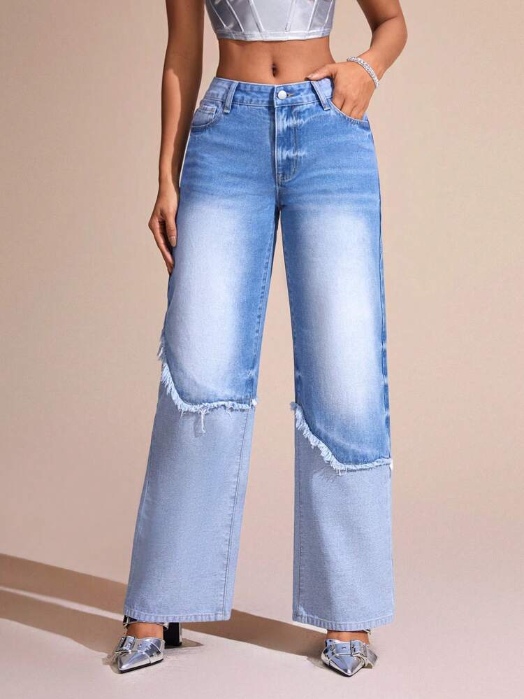 Women's Loose Fit Denim Jeans With Color Blocking And Frayed Hem