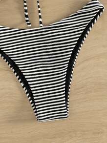 SHEIN Swim Summer Beach Women's Striped Hollow Out Two Pieces Bikini Set - Black and White - View 3