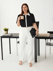 BizChic Plus Size Color Block Turn Down Collar Short Sleeve Casual Shirt - Black and White - View 6