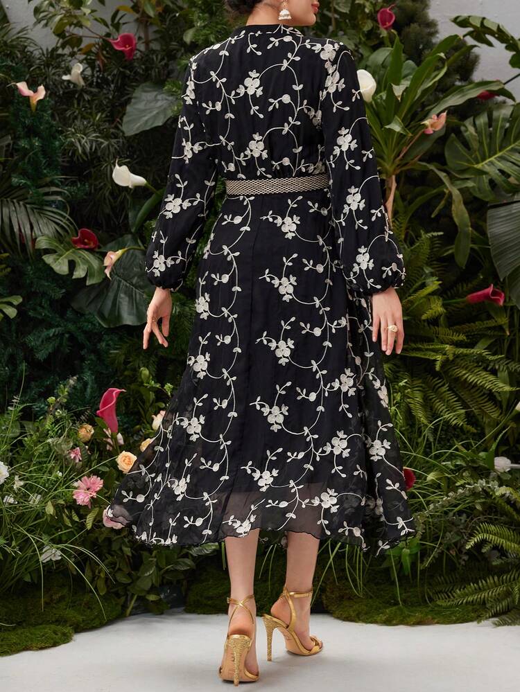 Flower Embroidered Patchwork Ribbon Decor Notched Collar Lantern Sleeve Dress Long Evening Dresses