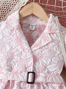 SHEIN Vestido Jacquard Elegante Com Gola Virada Para Baixo E Manga Bufante Para Meninas Com Cinto E Chapéu Para O Verão