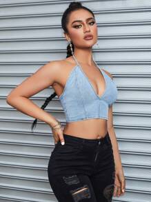 Sexy Halter Neck V-Neck Denim Top - Light Wash - View 5