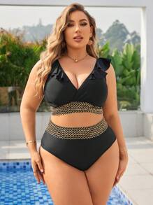 SHEIN Swim Curve Đen Cổ chữ V Kích thước lớn Áo bơi Bộ - màu đen - Xem 5