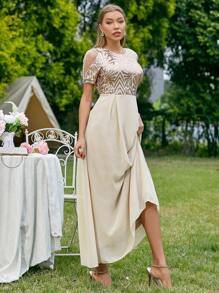 SHEIN Belle 带亮片和网眼撞色的女式伴娘礼服 - 香檳色 - 查看 6