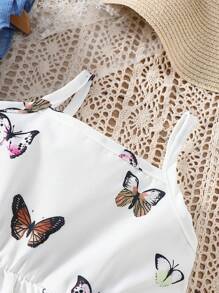 Baby Girl's Tie-Front Hem Shirt And Butterfly Printed Cami Dress Set