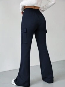 SHEIN EZwear Của phụ nữ Túi tiện ích Quần loe - Màu xanh hải quân - Xem 2