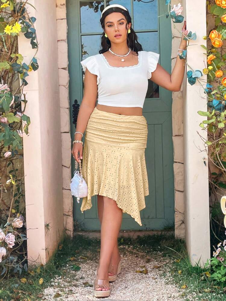 Plus Size Asymmetrical Hemline Ruched Skirt