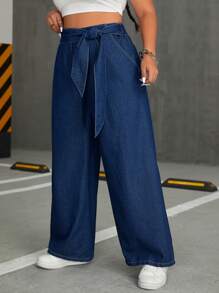 SHEIN EZwear Kích thước lớn Denim Quần ống rộng Với thắt lưng - Màu xanh lam - Xem 4