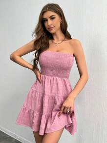 SHEIN Privé 優雅單色多層分割a字形零肩裙 - 粉色 - 查看 3