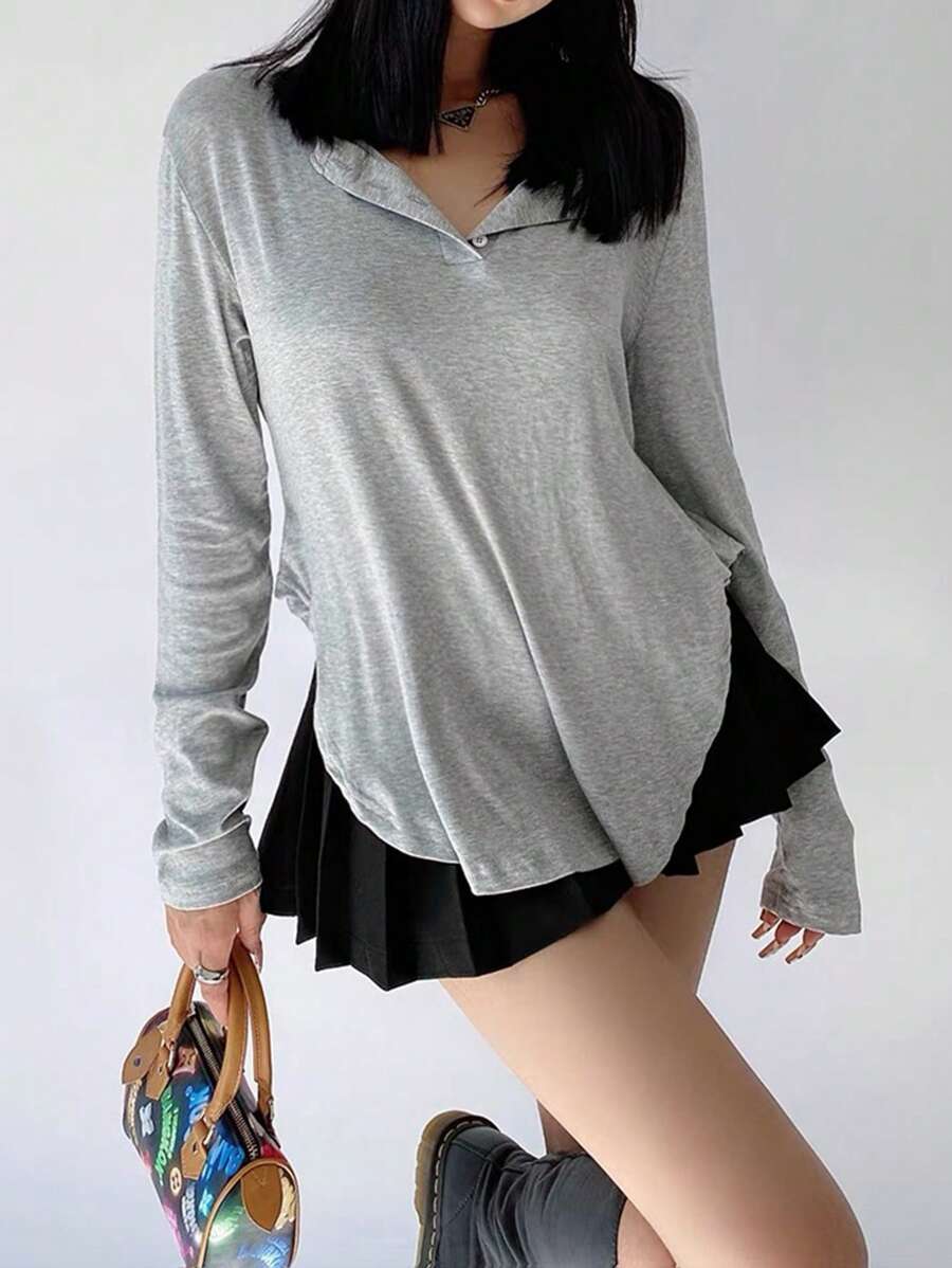 Flirla 大尺碼女款鈕扣休閒寬鬆t恤 - 灰色 - 查看 1