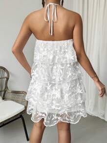 Chiquease Women's Multi-Layered Mesh Dress With Floral Print And Ruffle Hem, Halter Neckline - White - View 2