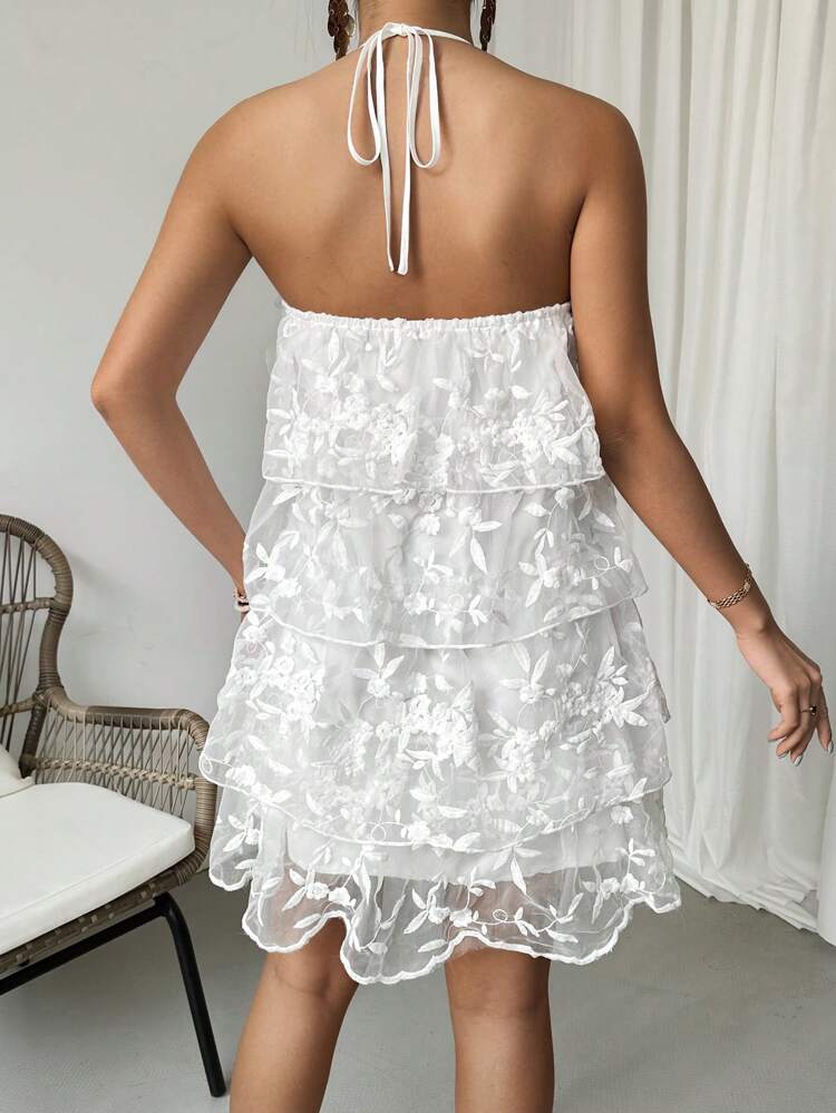 Women's Multi-Layered Mesh Dress With Floral Print And Ruffle Hem, Halter Neckline