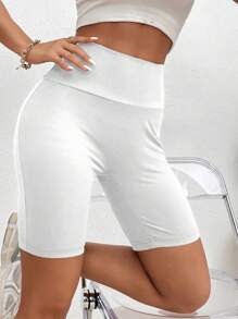 SHEIN Unity Women's Wide Waistband Ribbed Shorts, Shorts As Bottoming - White - View 6