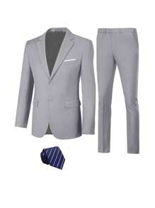 Furuyal 3pcs Men's Suit Set: Jacket, Pants, Tie - Light Grey - View 1