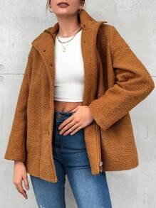 RueChic Plus Size Women's Single-Breasted Long Sleeve Woolen Coat - Camel - View 4