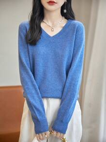 100% Wool V-Neck Long Sleeve Lightweight Warm Sweater, New Autumn/Winter 2024 Collection - Blue - View 2