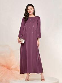 Al Najma Rhinestone Detail Kaftan - Red Violet - View 1