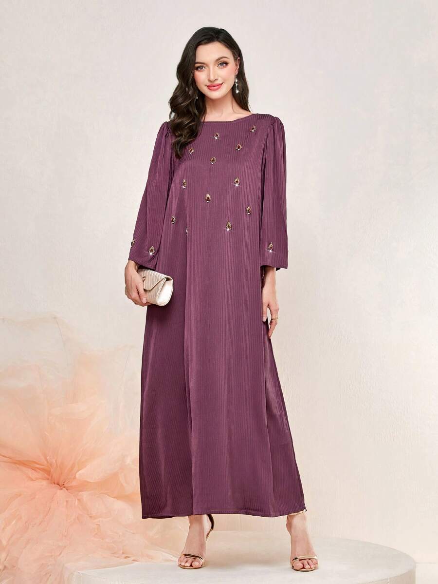 Al Najma Rhinestone Detail Kaftan - Red Violet - View 1