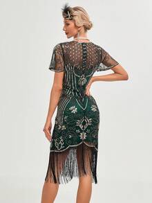 女式 1920 年代复古亮片短袖网眼流苏下摆摆裙，优雅鸡尾酒半正式舞会婚礼宾客礼服，适合生日、毕业典礼、晚宴、返校节派对礼服