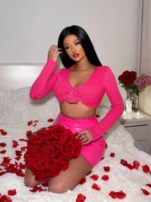 Zolique Short Cropped Sweater With 3d Flower Embellishments Knit Pullover Fall Winter Sweater - Hot Pink - View 6