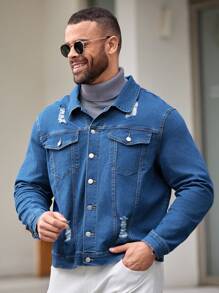 Manfinity Homme Veste En Denim Déchirée À Manches Longues De Grande Taille Pour Hommes - Bleu azur - Voir 4