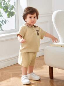 SHEIN Baby Boy Contrast Collar Letter Embroidery Waffle Knit Top & Shorts