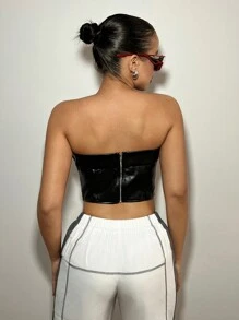 SHEIN ICON Damen Trägerloses Top Mit Motorrad-stil Farbblockierung & Buchstaben Druck, Mit Pu-leder Gürtel Dekoration - Verschiedenfarbig - Übersicht 8