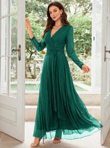 SHEIN Belle Elegant Solid Color V-Neck Twist Green Dress For Women - Dark Green - View 3