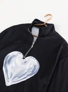 SHEIN LUNE بلوزة نسائية بسحاب نصفي مطبوعة بنمط قلب ثلاثي الأبعاد، بلوزة رياضية للخريف - الأسود - مشاهدة 5