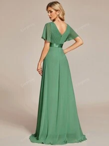 EVER-PRETTY Elegante vestido verde de dama de honor de primavera con escote en V, mangas mariposa fruncidas y para invitados de boda