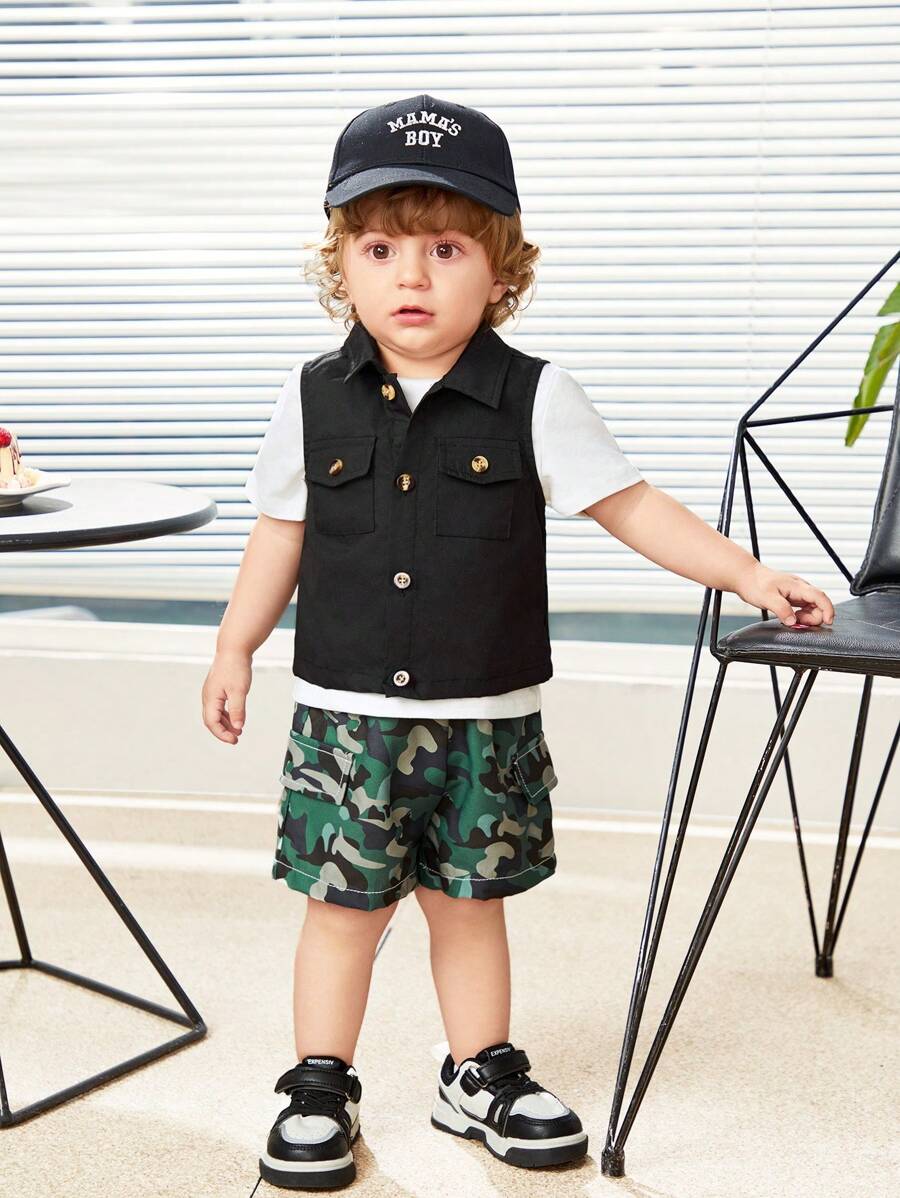 SHEIN Baby Boy's Casual Outdoor Solid Color Vest, Short Sleeve T-Shirt, Camouflage Shorts Set - Multicolor - View 1