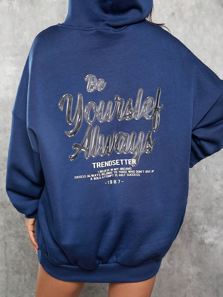 SHEIN SXY Women's Hoodie With Slogan Print - Navy Blue - View 1