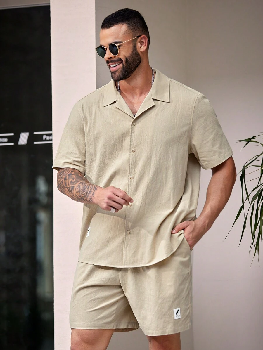 Manfinity Homme 男士大碼編織休閒短袖2入組套裝 - 卡其色 - 查看 1