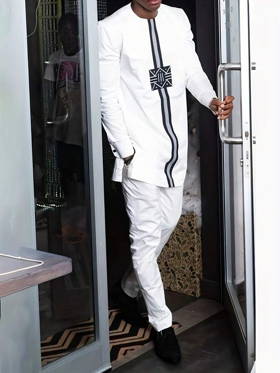 2pcs/Set Men's Geometric Print Minimalist Shirt And Pants Set, For Autumn - White - View 1