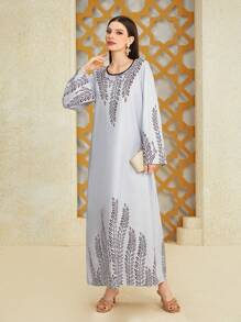 Al Najma Women's Long Arabian Style Dress With Plant Print - Grey - View 3