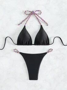 Swim SXY 女用彩色編織肩帶露背比基尼套裝 音樂節 - 黑色 - 查看 4