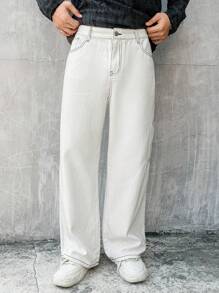 Claim Dot Men's Loose Fit Straight Leg Jeans With Exposed Seam Pockets, Casual Style, Men White Wide Leg Pants, Men White Casual Pants, Men Big Pocket Pants - White - View 5