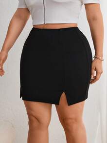 SHEIN Privé 大尺碼優雅通勤度假黑色迷你裙，分割設計適用於春夏季節 - 黑色 - 查看 5