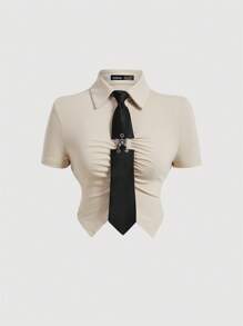 SHEIN MOD 女士短袖打褶不對稱下擺t恤 - 杏色 - 查看 1