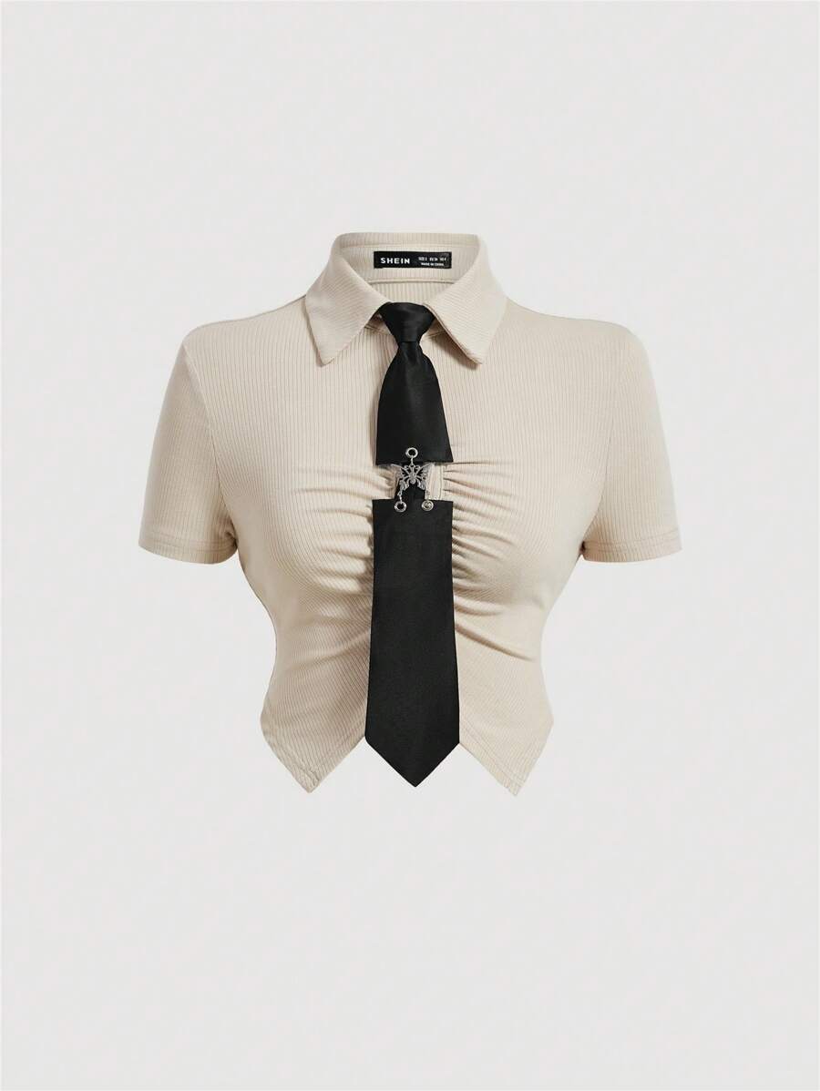 SHEIN MOD 女士短袖打褶不對稱下擺t恤 - 杏色 - 查看 1